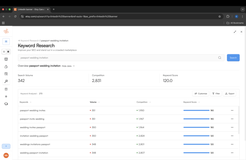 Everbee screenshot showing keyword research analysis.