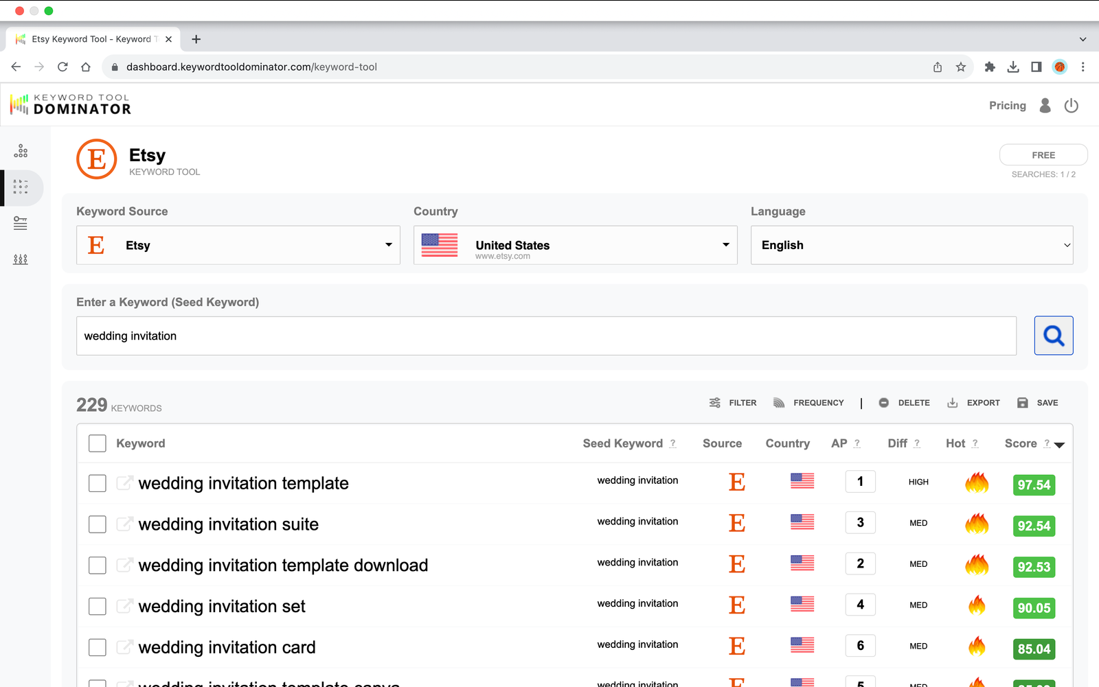 Etsy Keyword Tool Dominator showing keyword research analysis.