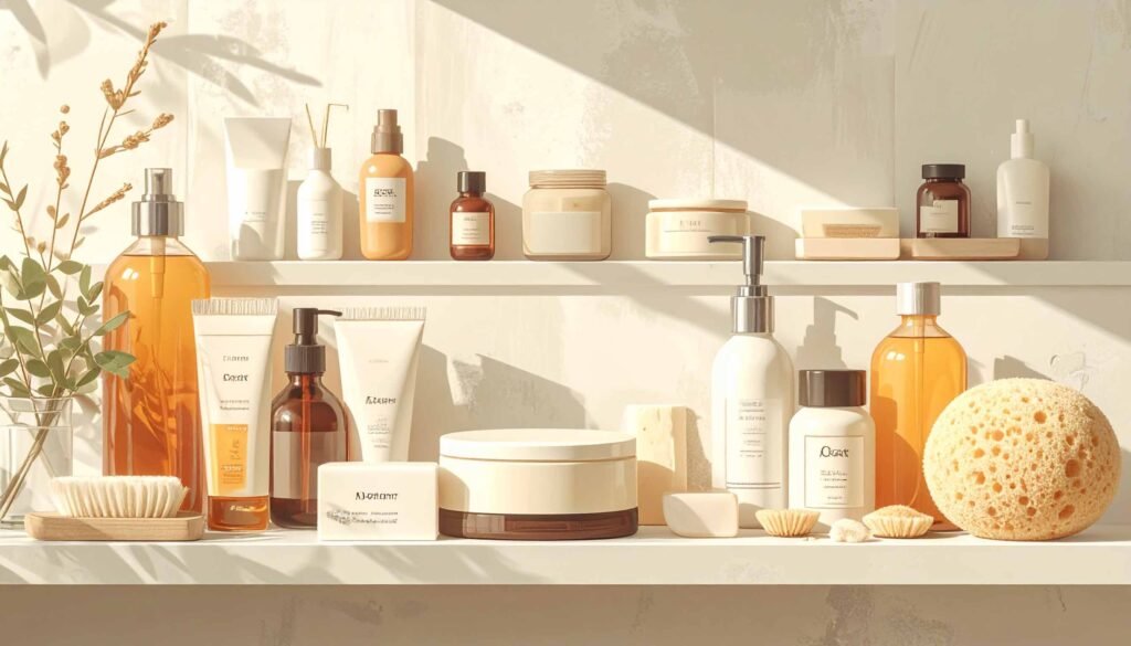 An illustration showing bath and beauty products.