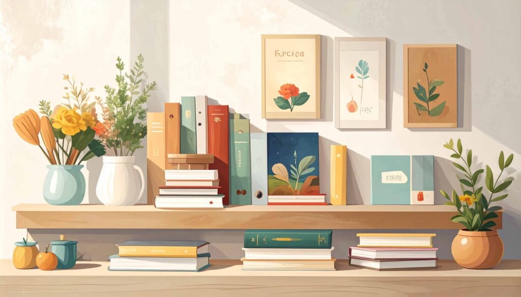 An illustration showing books and related accessories.