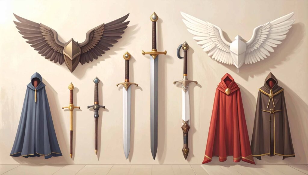 An illustratin showing costume and related accessories.