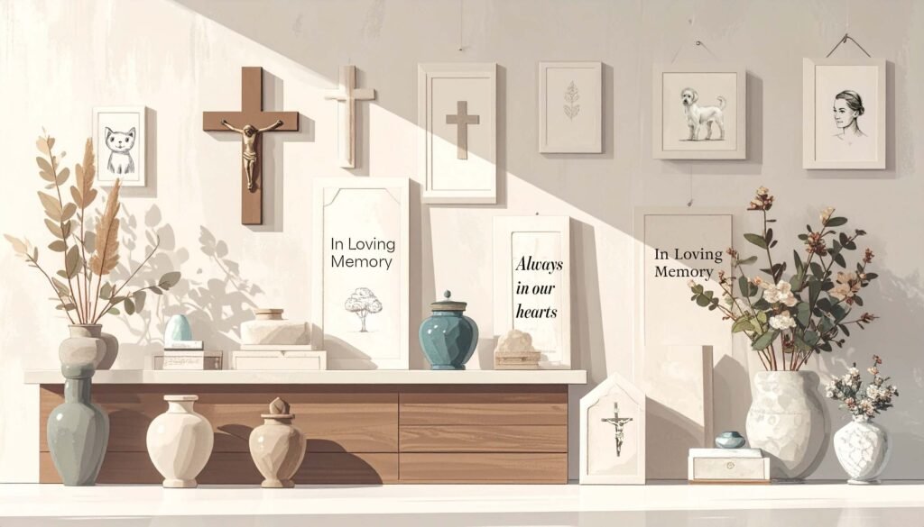 An illustration showing funeral and religious products.