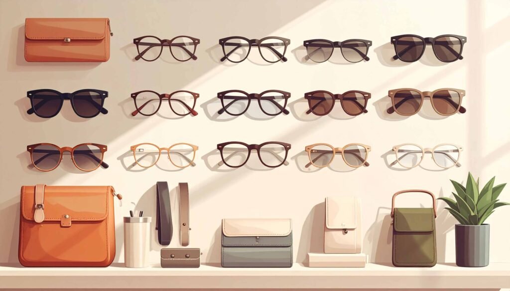 An illustration showing glasses and related accessories.