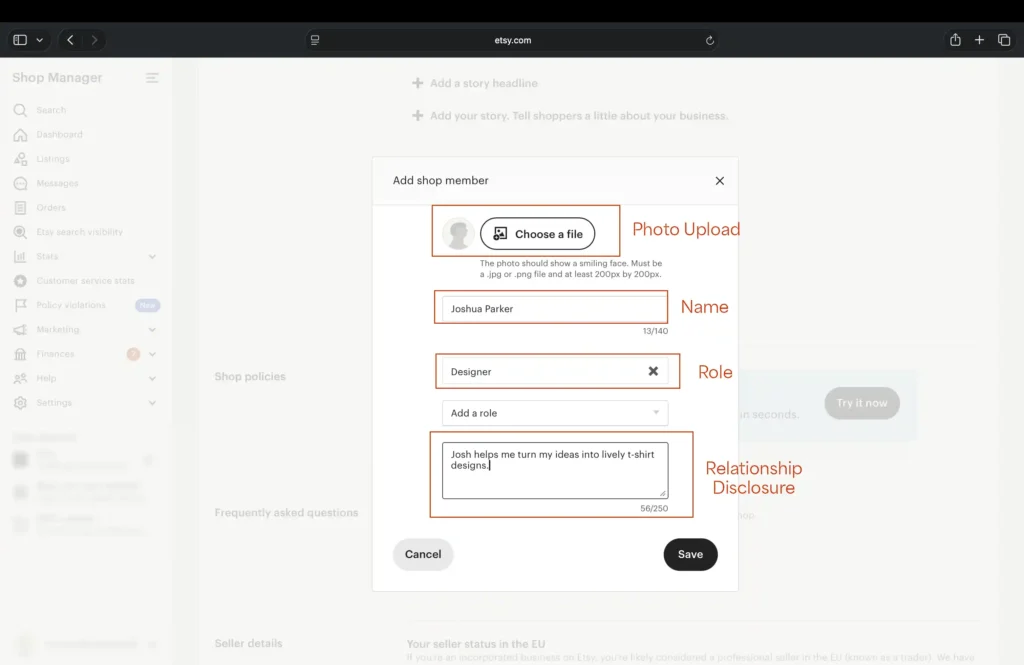 Screenshot showing how to add a designer in your Etsy shop.