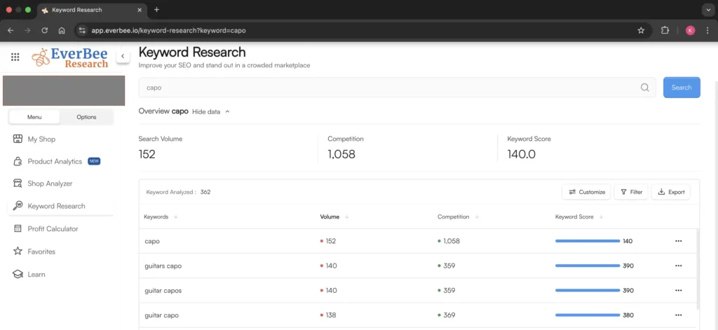 Everbee screenshot showing the keyword research for 'capo'
