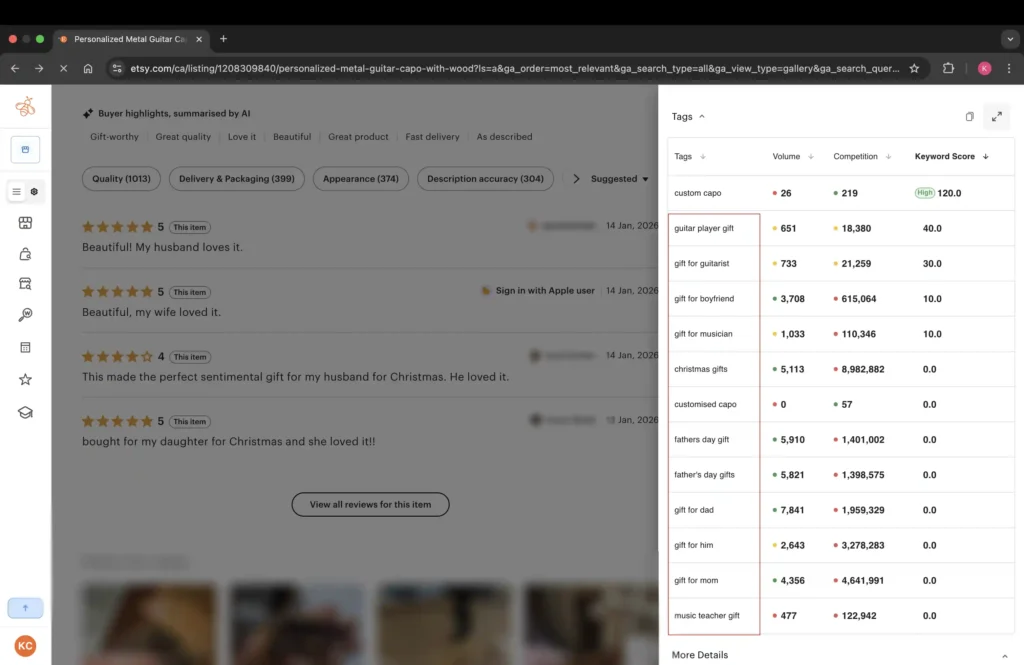 Everbee product analytics screenshot for a guitar capo listing.