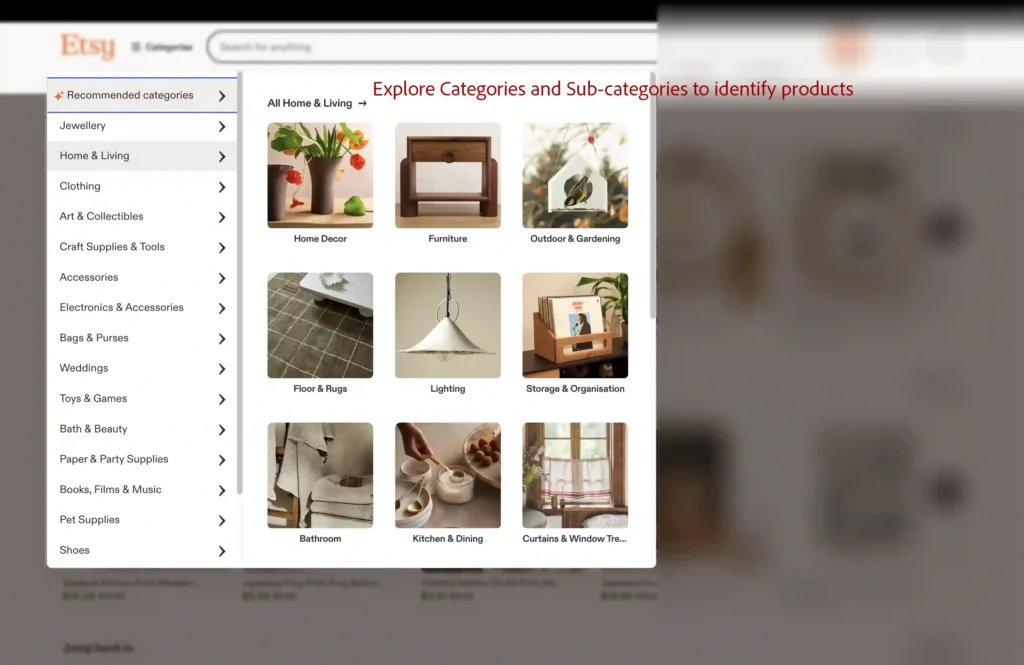 Etsy homepage screenshot showing the categories section.