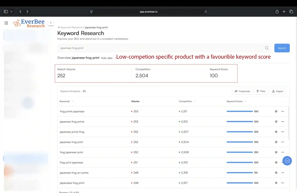 EverBee screenshot showing keyword research analysis.
