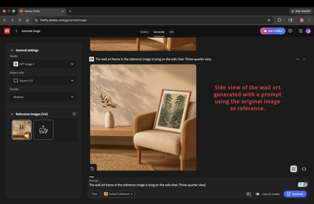 Screenshot showing the side view of the wall using the original photo in Adobe Firefly.