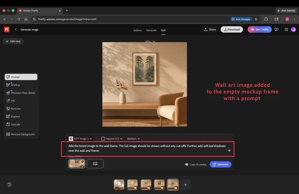 An illustration showing wall art added to the empty frame in wall art listing photo mockup in Adobe Firefly.
