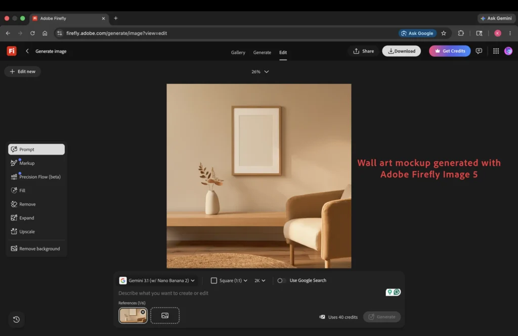 Screenshot showing empty wall art listing photo mockup generated using Adobe Firefly.